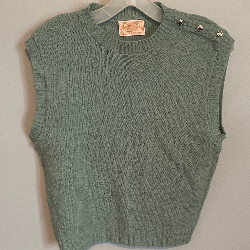Vintage Pendleton blue green wool Sleeveless Knit Sweater Vest Button Detail